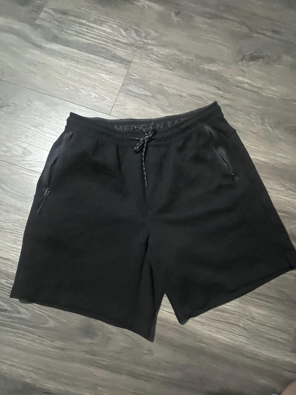 American Eagle Shorts Mens M Black Sweat Fleece Drawstring Pockets Gym Comfort